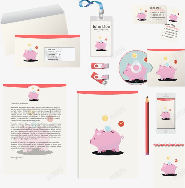 粉色小猪办公套装png免抠素材_新图网 https://ixintu.com 信封 名片 名签 移动app 笔记本