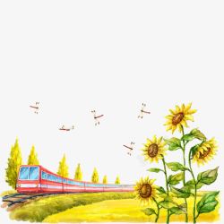 土壤向日葵手绘火车秋天树木和草地高清图片