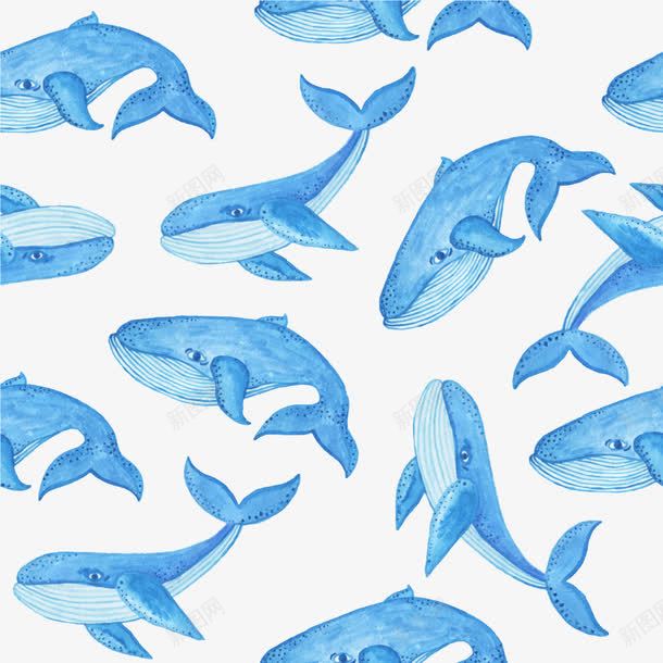 水彩鲸鱼平铺图案png免抠素材_新图网 https://ixintu.com 卡通图案 印花 墙纸 平铺 蓝色鲸鱼 装饰 鲸鱼