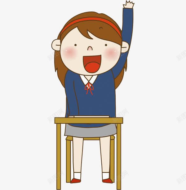 举手的女学生png免抠素材_新图网 https://ixintu.com 举手 卡通 小女孩 手绘 板凳 桌子 笑脸 蓝色上衣 高举手臂