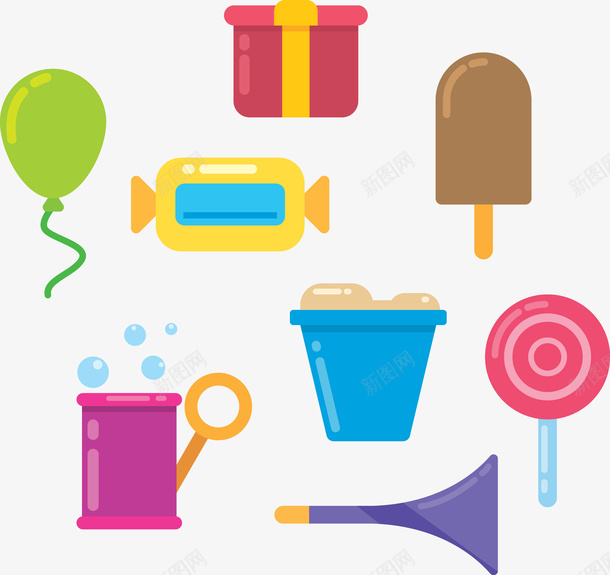 儿童玩具矢量图图标eps_新图网 https://ixintu.com 儿童图标 冰淇淋 喇叭 桶砂 棒棒糖 气球 礼品盒 礼品糖果 矢量图