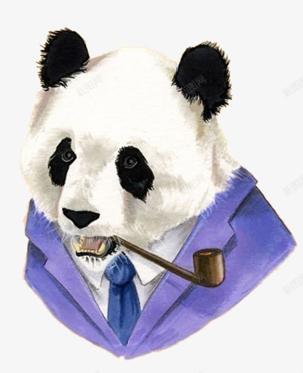 手绘动物png免抠素材_新图网 https://ixintu.com 写实 大熊猫 头像 彩绘 拟人动物 烟管 西服