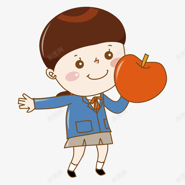吃苹果的女孩png免抠素材_新图网 https://ixintu.com 卡通 学生 插图 漂亮 简笔 红色的 蓝色的
