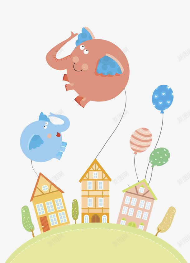 飞起来的大象png免抠素材_新图网 https://ixintu.com 卡通 可爱 大象 房屋 手绘 树木 气球 窗户 蓝色