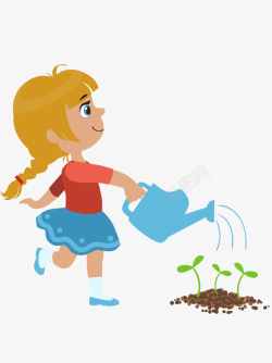 浇花浇树卡通手绘小女孩浇树施肥高清图片