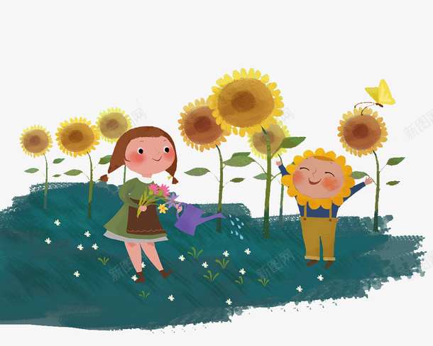 草地上浇花的小朋友png免抠素材_新图网 https://ixintu.com 卡通 可爱插画 向日葵 小朋友 浇花 草地上 草地上的人