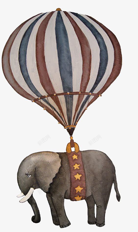 热气球拉大象png免抠素材_新图网 https://ixintu.com 大象 彩色 旅行 条纹 热气球