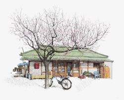 便利店招牌樱花树下的杂货店高清图片