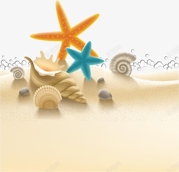 海洋元素图案png免抠素材_新图网 https://ixintu.com 沙滩 浪花 海星 贝壳