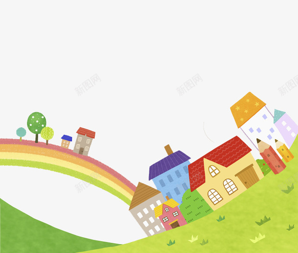 卡通乡村展板图png免抠素材_新图网 https://ixintu.com 创意的 卡通 展板 彩虹 房子 手绘 绿色的 草地