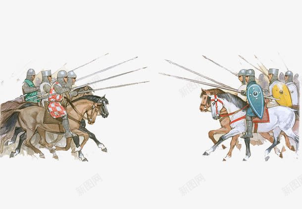 古代战争png免抠素材_新图网 https://ixintu.com 兵马 头盔 对战 手绘 水彩画 盾牌 长矛