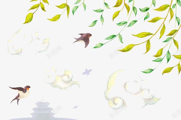 春天元素png免抠素材_新图网 https://ixintu.com 云彩 柳树 水彩 燕子 绿叶