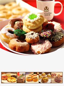 面包甜品店盘子中的甜甜圈高清图片