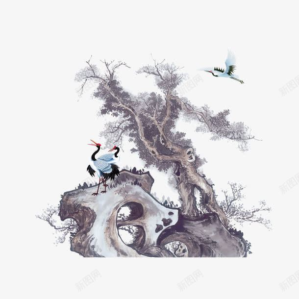 国风古画png免抠素材_新图网 https://ixintu.com 丹顶鹤 国画 国风 松柏 石 装饰