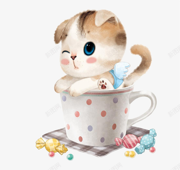 茶杯里的小猫png免抠素材_新图网 https://ixintu.com 卡通 手绘 插画 水彩 漫画 猫
