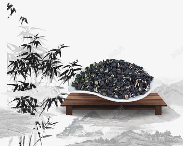 水墨风养生珍品黑枸杞平面装饰png免抠素材_新图网 https://ixintu.com 中国风 养生珍品 山水画 枸杞包装 枸杞宣传装饰 水墨竹子 黑枸杞