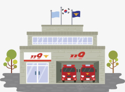 手绘消防车三个国旗鼎立的消防大楼高清图片