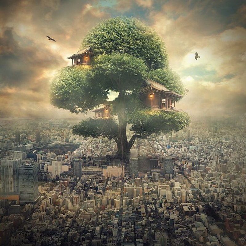 大树下的城市背景jpg设计背景_新图网 https://ixintu.com 城市 大树 天空 彩色 房子 树木 背景 雾霾 飞鸟