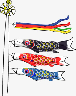 日式鲤鱼装饰画手绘风日式三色鲤鱼旗高清图片