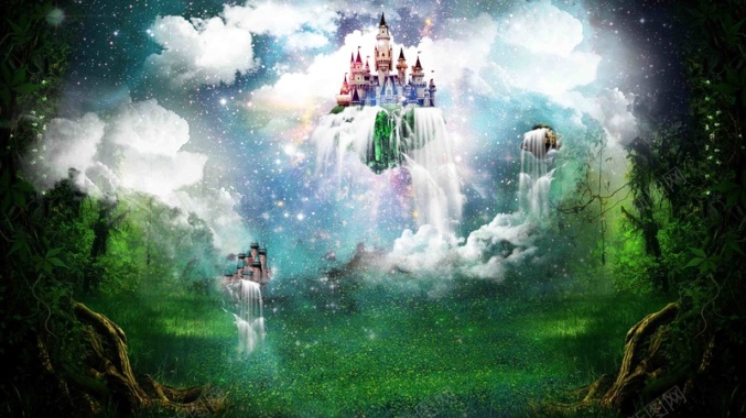 梦幻彩色空中城堡展板背景模板背景