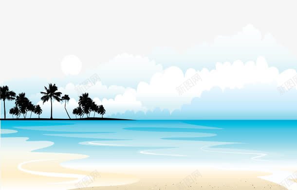 卡通手绘蓝色海水远处椰树png免抠素材_新图网 https://ixintu.com 卡通的大海 手绘的海水 蓝色的海水 远处的椰树
