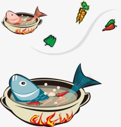 手绘汤锅彩色手绘鱼肉汤锅高清图片