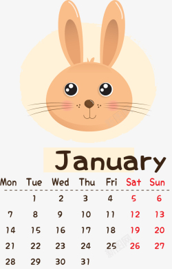 正反面卡通可爱2019年一月日历高清图片