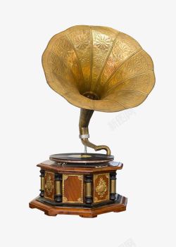 手绘音乐留声机喇叭PNG旧式光盘黄铜唱机高清图片