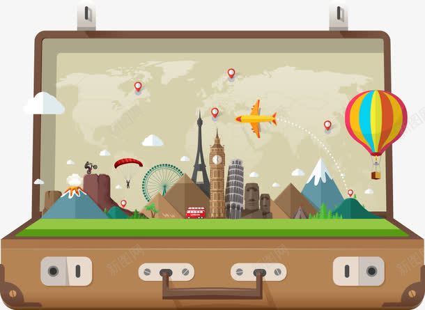 旅行箱里的创意旅行png免抠素材_新图网 https://ixintu.com 地理位置 建筑 旅行 旅行箱 热气球 飞机