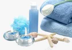 SPA生活用品美容SPA蓝色毛巾蜡烛高清图片