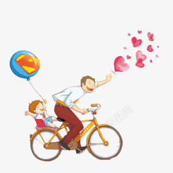 带着孩子卡通手绘骑着自行车带着孩子的爸高清图片