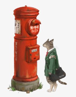 红色邮筒绿色猫咪邮差红色邮筒高清图片
