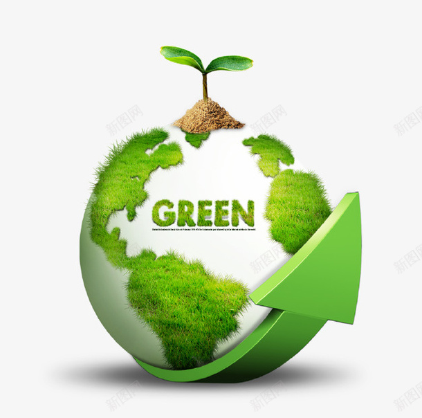 绿色创意环保地球插画psd免抠素材_新图网 https://ixintu.com 创意设计 地球 树苗 清新 爱护环境 环保海报 箭头 绿色