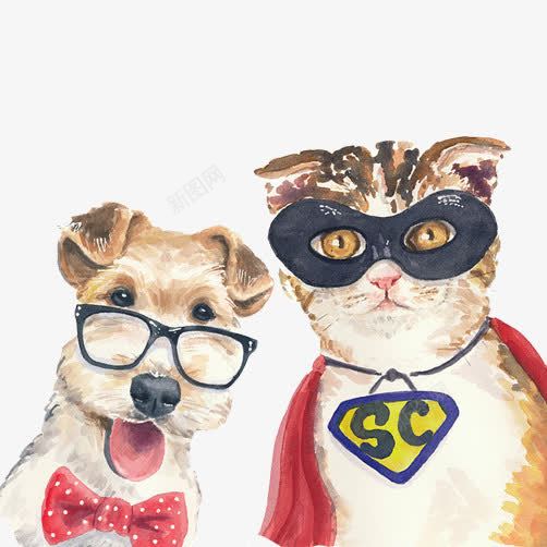 狗狗猫猫戴眼镜片png免抠素材_新图网 https://ixintu.com 小狗戴眼镜 小猫戴眼罩 水彩画 趣味图