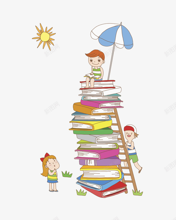 一摞书本png免抠素材_新图网 https://ixintu.com 书本 卡通 可爱的 太阳 小孩 梯子 读书 遮阳伞