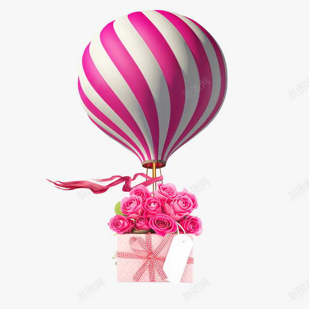 载着礼物的热气球psd免抠素材_新图网 https://ixintu.com 条纹热气球 浪漫 玫瑰花 礼物 粉色热气球 粉色绸带