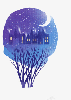 水彩房屋蓝色墨迹中的夜景高清图片