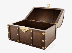 木质宝箱棕色光滑带铆钉的复古木盒实物高清图片