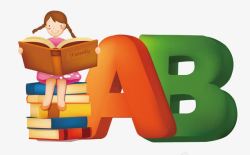 少儿英语坐在书堆上学英语的卡通小女孩高清图片