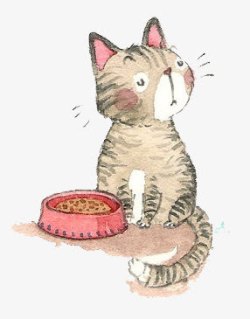 猫吃猫粮手绘水彩猫咪高清图片