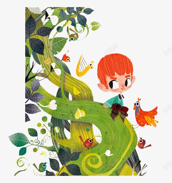 手绘树林中的男孩png免抠素材_新图网 https://ixintu.com 创意设计 卡片封面 手绘插画