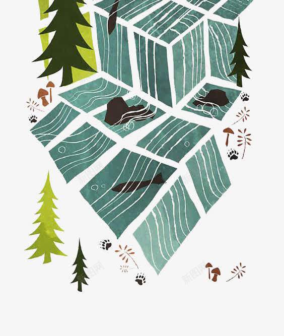 森林png免抠素材_新图网 https://ixintu.com 几何森林 创意森林 抽象森林 河流 黑熊
