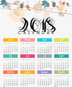 2018年月历矢量模板手绘小鸟日历模板高清图片