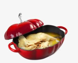 多彩铸铁锅汤锅番茄铸铁锅里的鸡汤高清图片