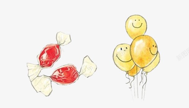 糖果与包装纸png免抠素材_新图网 https://ixintu.com 包装纸 卡通 插画 气球 甜果 笑脸 红色 绘画 透明 食物 黄色