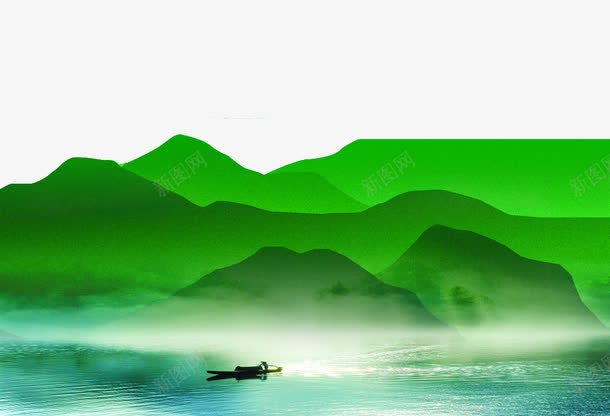 绿色的山水png免抠素材_新图网 https://ixintu.com 小船 山水 湖水 绿色