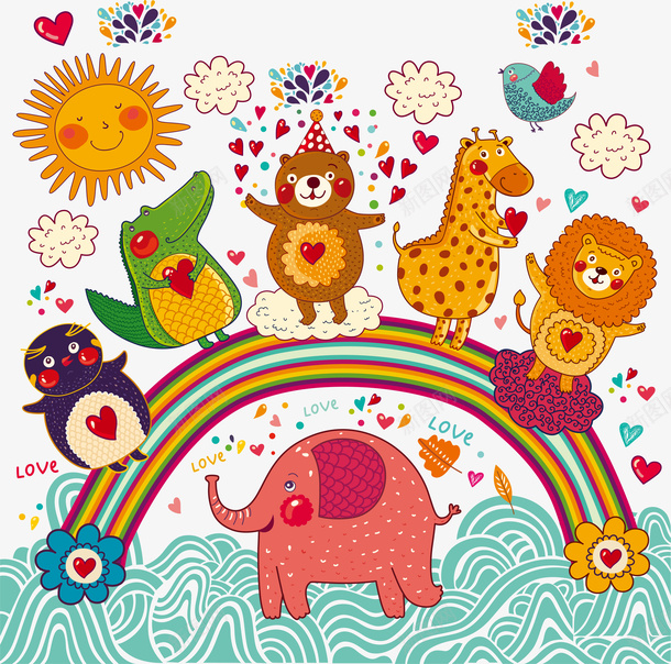 彩色可爱动物园png免抠素材_新图网 https://ixintu.com zoo 云朵 卡通有趣 可爱小象 太阳 恐龙 矢量图案