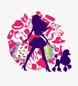 紫色饰品拉着狗狗购物的女人高清图片