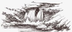 瀑布山水画手绘风景静物矢量图高清图片