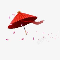 手绘红色雨伞花瓣素材